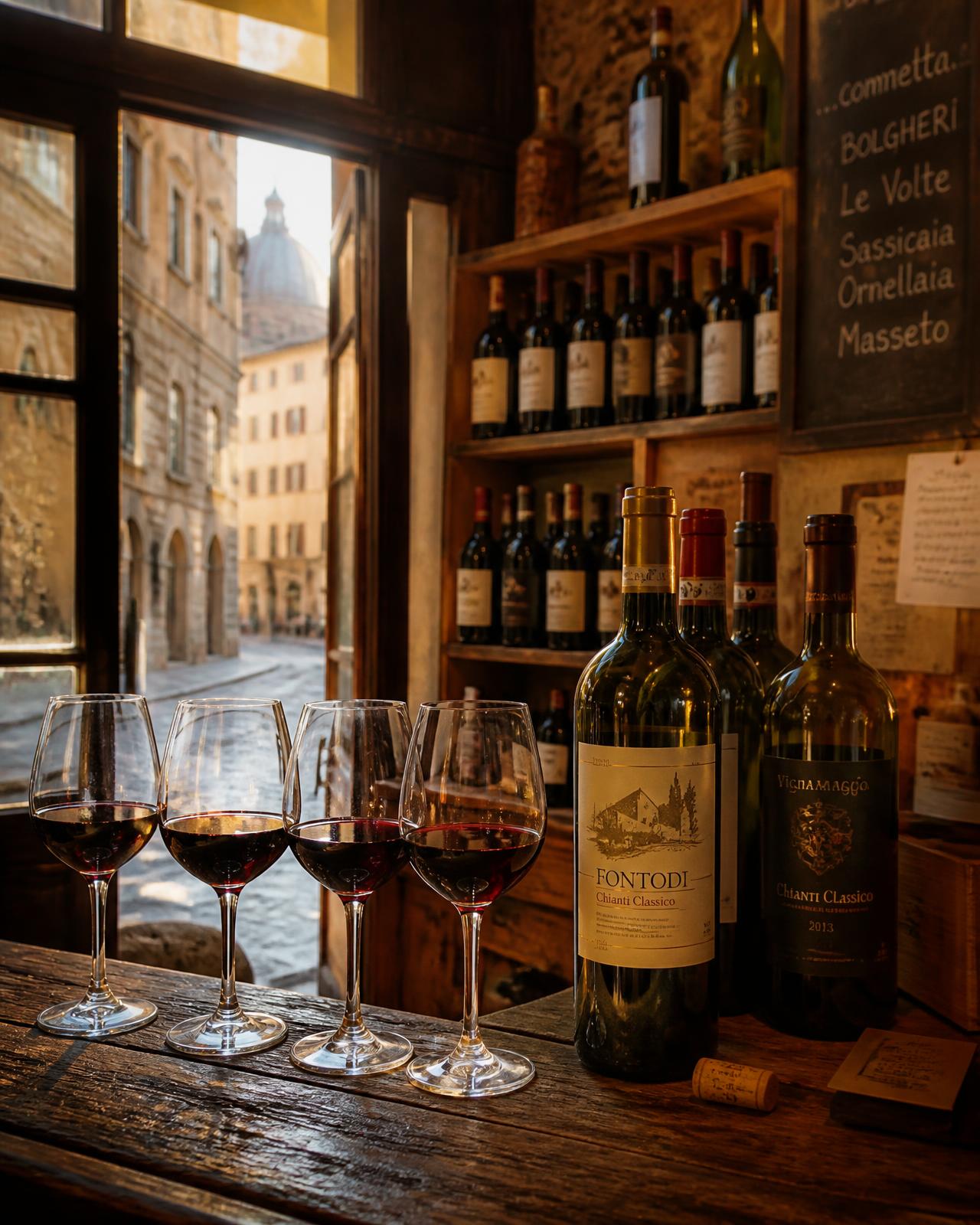 Four glasses of Tuscan wine on the counter of a Florence wine shop